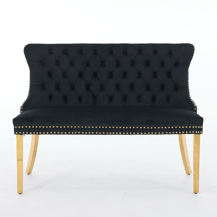 GOODSILO Velvet Double Dining Loveseat Bench with Hand-Tufted Back and Gold-Plated Steel Legs