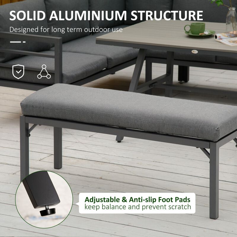 4 Piece Patio Furniture Set Aluminium Outdoor Dining Sofa Set Sectional Conversation Set w/ Bench, Dining Table & Cushions, Grey