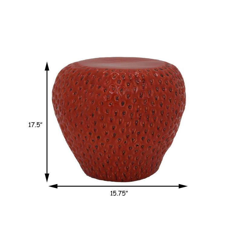 Oriha 18 Inch Plant Stand Garden Stool, Strawberry, Dotted, Red Ceramic - Benzara
