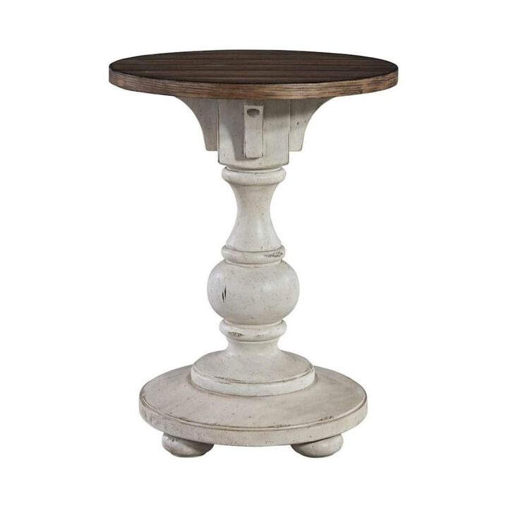 White Accent Table for Entryway with Antique Finish and Round Top
