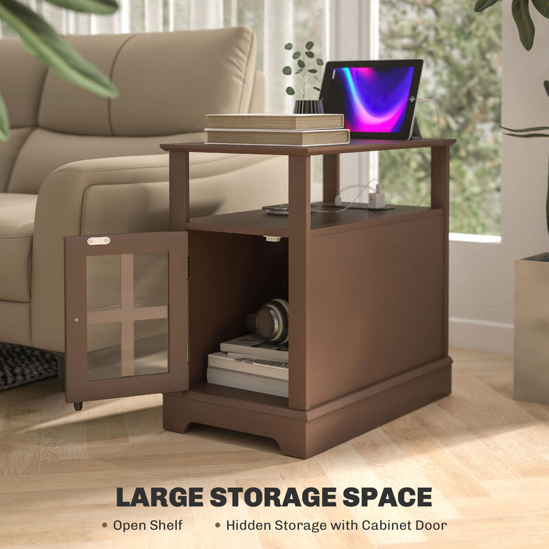 End Table with USB Ports, Open Middle Shelf and Cabinet Door for Living Room