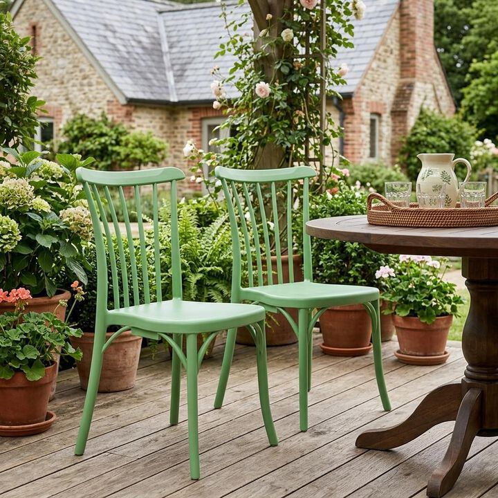 HomeRoots Set of Two Green Heavy Duty Plastic Outdoor Stacking Dining Chairs
