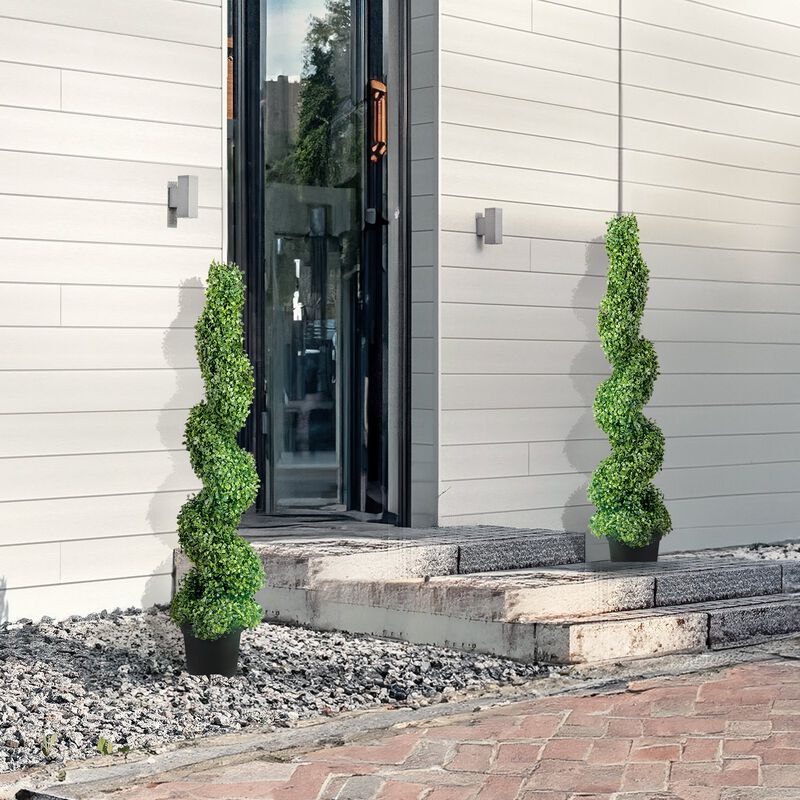 Set of 2 Artificial Spiral Boxwood Topiary Plants with 10 Spare Replacement Leaves-Green image number 1