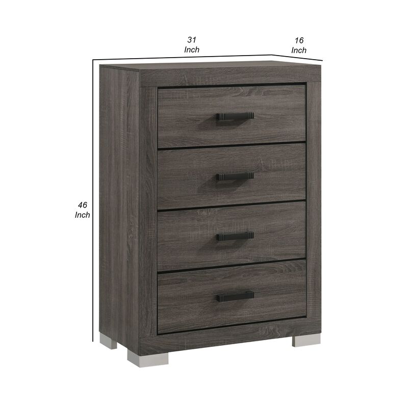 Lola 46 Inch Tall Dresser Chest, 4 Drawers, Metal Bar Handles, Dark Gray - Benzara