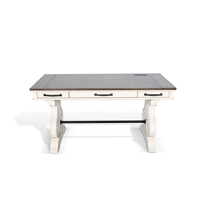 Fenil Writing Desk with Power Strip and 3 Drawer, White Mindi Mahogany
