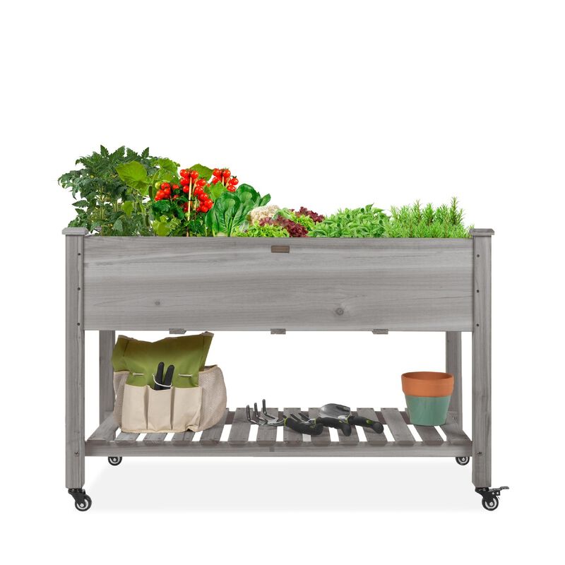 Outdoor Wood Raised Garden Bed Planter Box with Shelf and Locking Wheels
