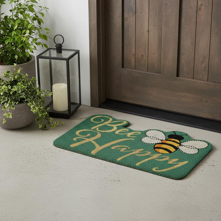 HomeRoots 18" X 30" Beige and Green Coir Bees Outdoor Door Mat