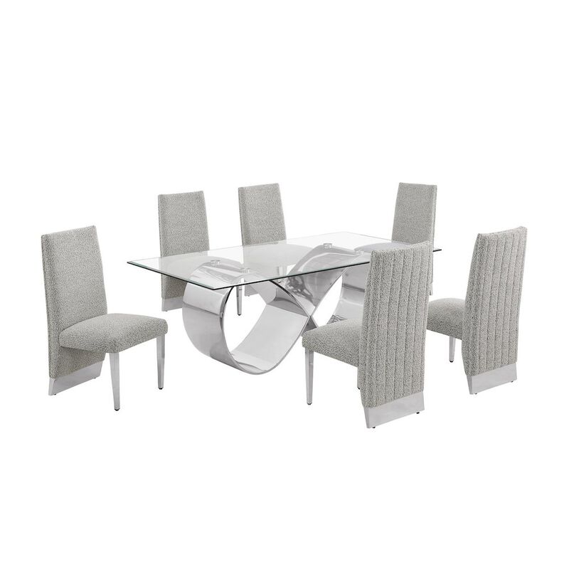 Best Quality Furniture 7Pc Tempered Glass Dining Set 6 Rich Gray Boucle Side Chairs And A Silver Base