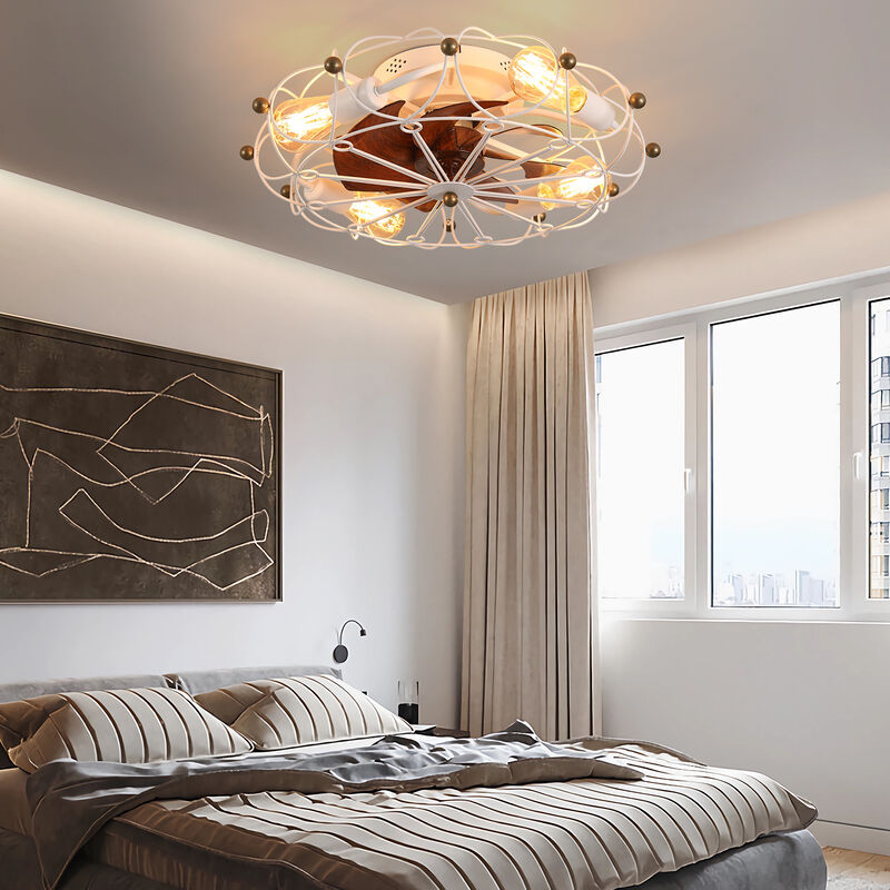 Modern Industrial 20-Inch White Caged Ceiling Fan &ndash; Reversible 6-Speed, with Light Kit & Remote image number 4