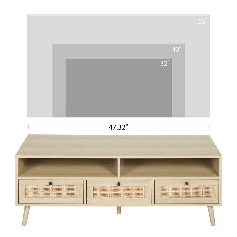 MONDAWE Rattan TV Stand with Solid Wood Feet, Entertainment Center with Storage and Shelf, Wood TV Media Console Table for Living Room Bedroom image number 3