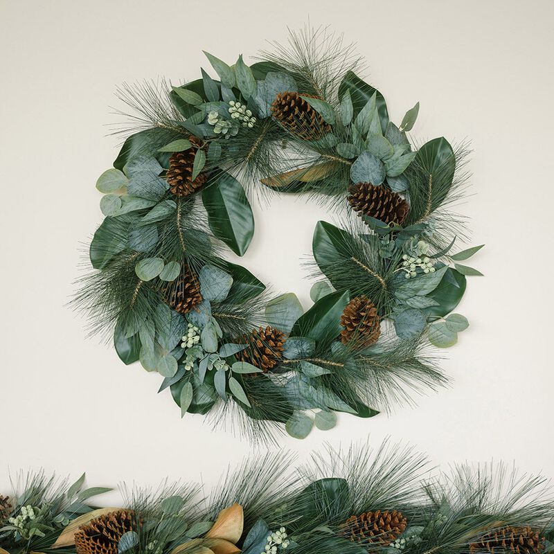 28" Magnolia, Eucalyptus, Pinecone, & Needle Pine Wreath image number 1