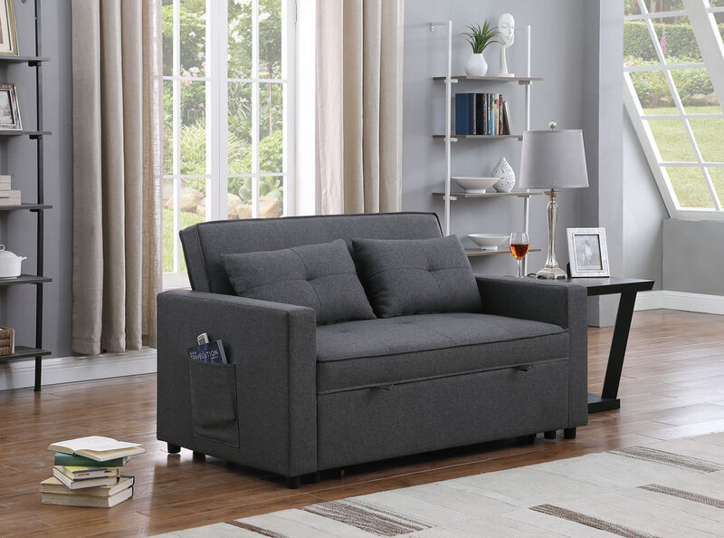 Streamdale Zoey Dark Gray Linen Convertible Sleeper Loveseat With Side Pocket