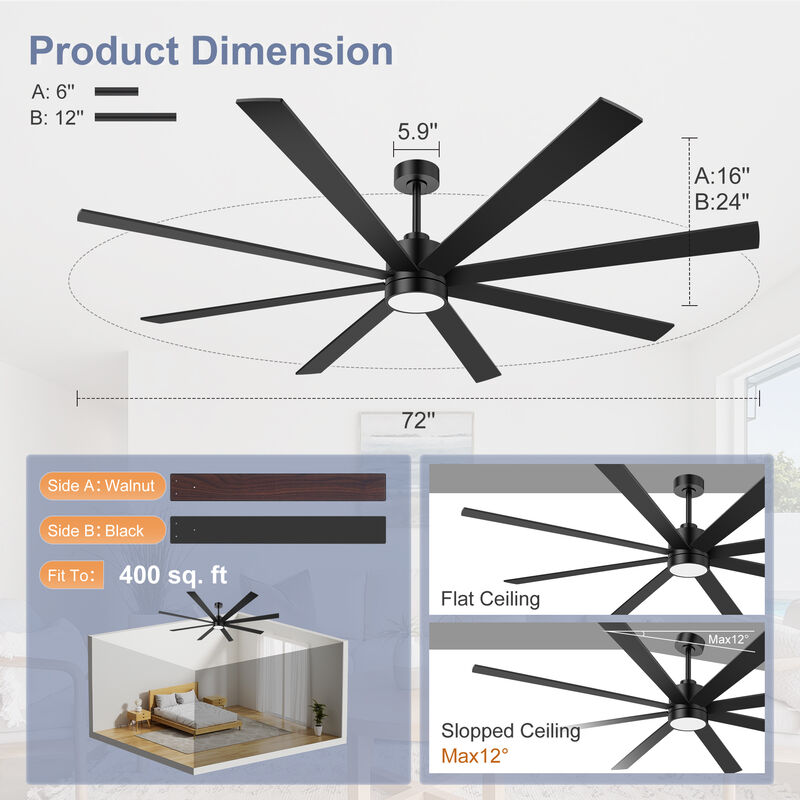 Breezary 72" Ceiling Fan with Light, 8 Blade, 6 Speed Remote Control, 3 Color Temps image number 7