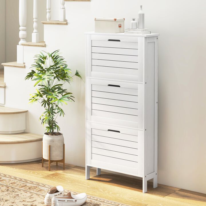 Modern Shoe Storage Cabinet with 3 Flip Drawers and Louvered Doors for 6 Pairs of Shoes, White