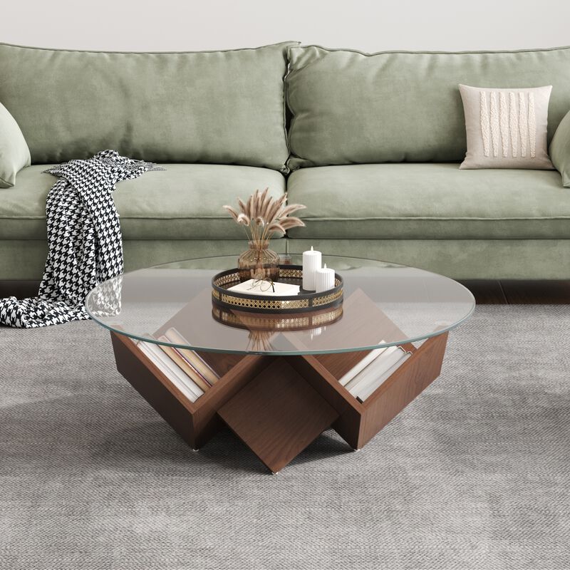 GOODSILO Round Coffee Table with Glass Top and Geometric Art Deco Base Storage Shelves image number 4