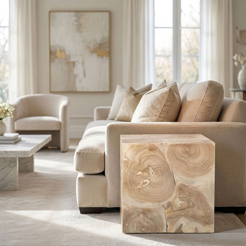 Sira Mosaic Side End Table, Hand Oiled Natural Brown Finish, 20 Inch Solid Teak Wood Slice Cube image number 6