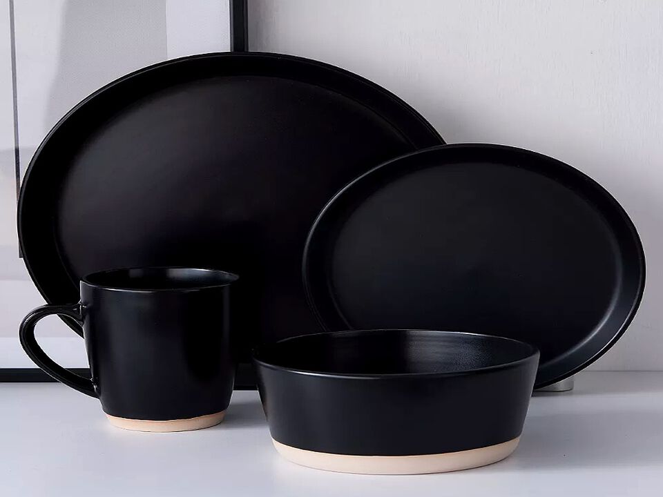 Jules Modern Stoneware 16-piece Round Black Dinnerware Set, Plates and Bowls Sets, Dish Set for 4, Black