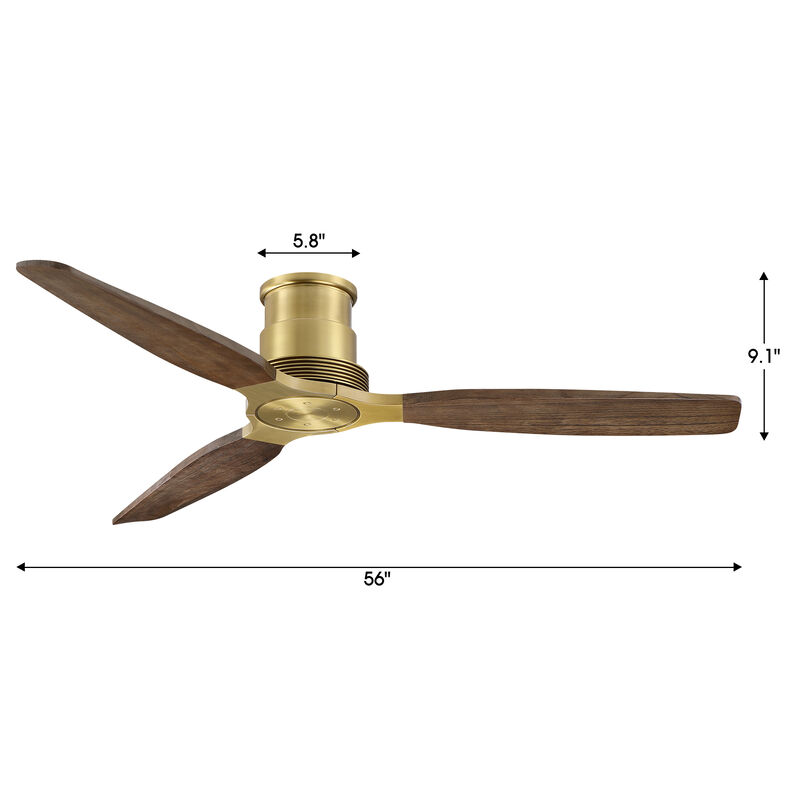 56" Soft Brass Mid Century Solid Wood Low Profile Reversible 6 Speed Flush Mount Ceiling Fan No Light with Remote image number 5