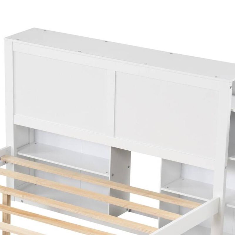 Hivvago Twin/Full Wood Platform Bed w/ Trundle and Storage Bookcase Headboard in White image number 3