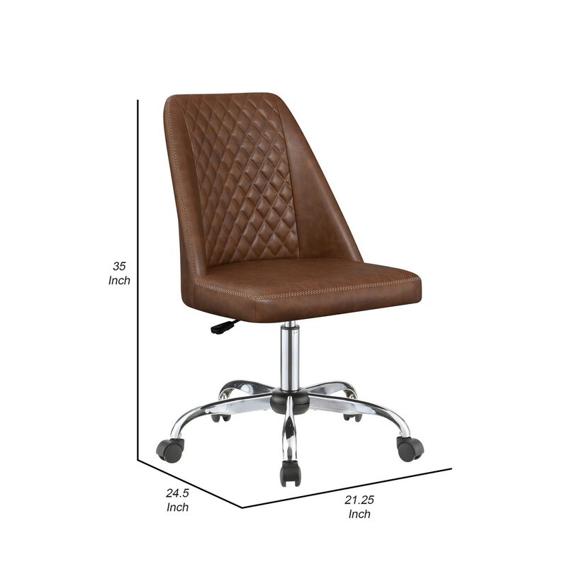 Leatherette Office Chair with Sloped Back and Diamond Stitching, Brown-Benzara