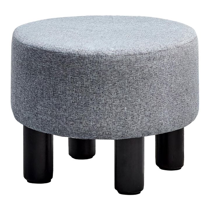 Round Linen Ottoman Footstool with Padded Seat and Non-Skid Pine Wood Legs