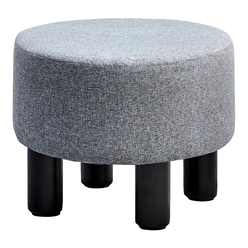 Round Linen Ottoman Footstool with Padded Seat and Non-Skid Pine Wood Legs image number 0
