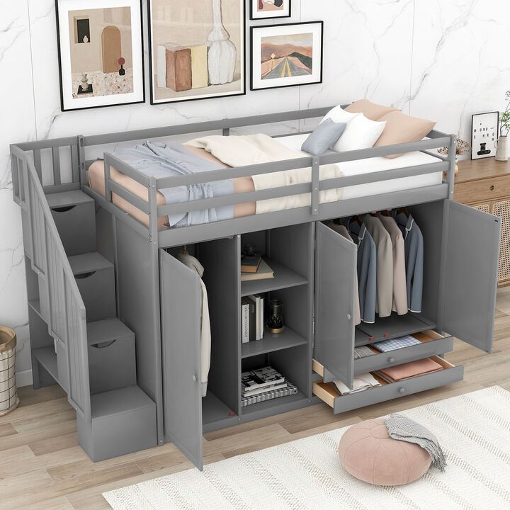 Whisen Functional Loft Bed with 3 Shelves, Wardrobes, Drawers and Storage Ladder - White