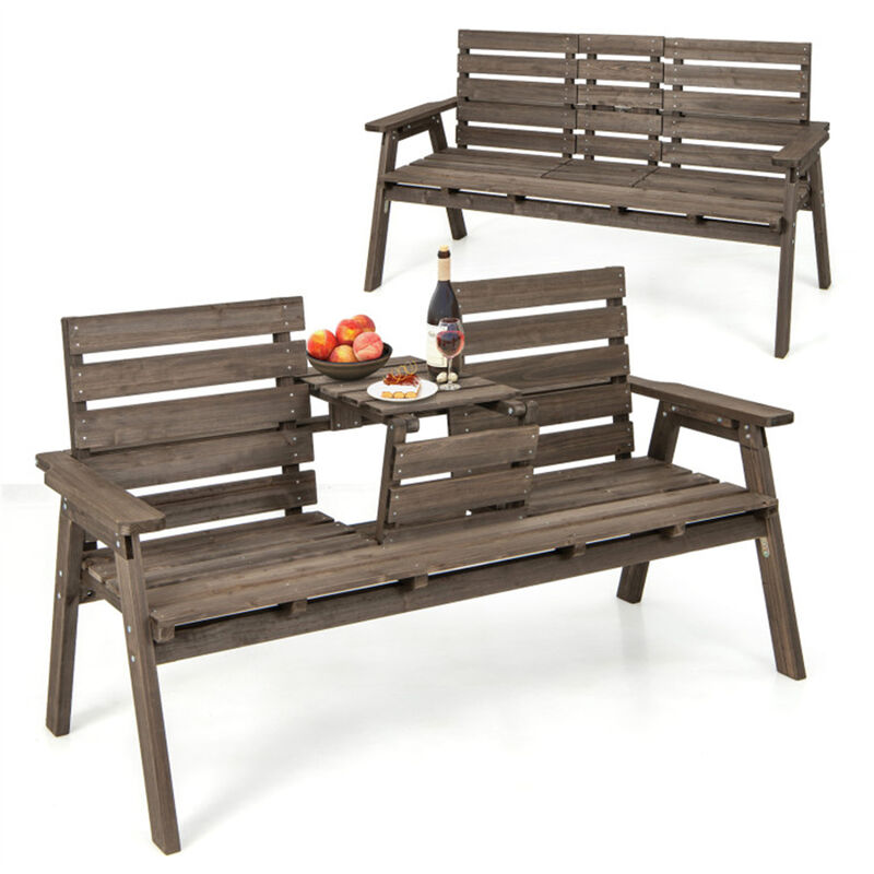 Bench with Foldable Middle Table Outdoor Convertible Seating for Patio & Garden