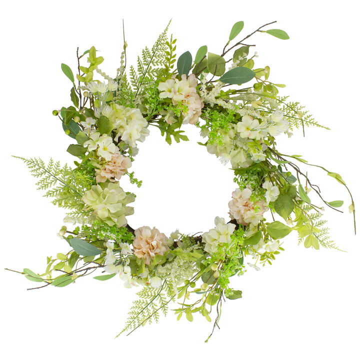 Hydrangea and Fern Spring Floral Berry Wreath  Green and Pink 28"