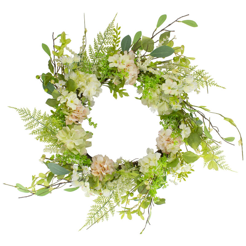Hydrangea and Fern Spring Floral Berry Wreath  Green and Pink 28" image number 0