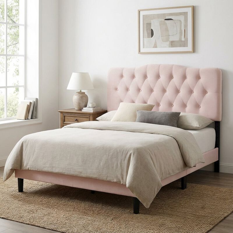 Pink Tufted Velvet Headboard with Diamond Pattern and Plush Padding image number 3