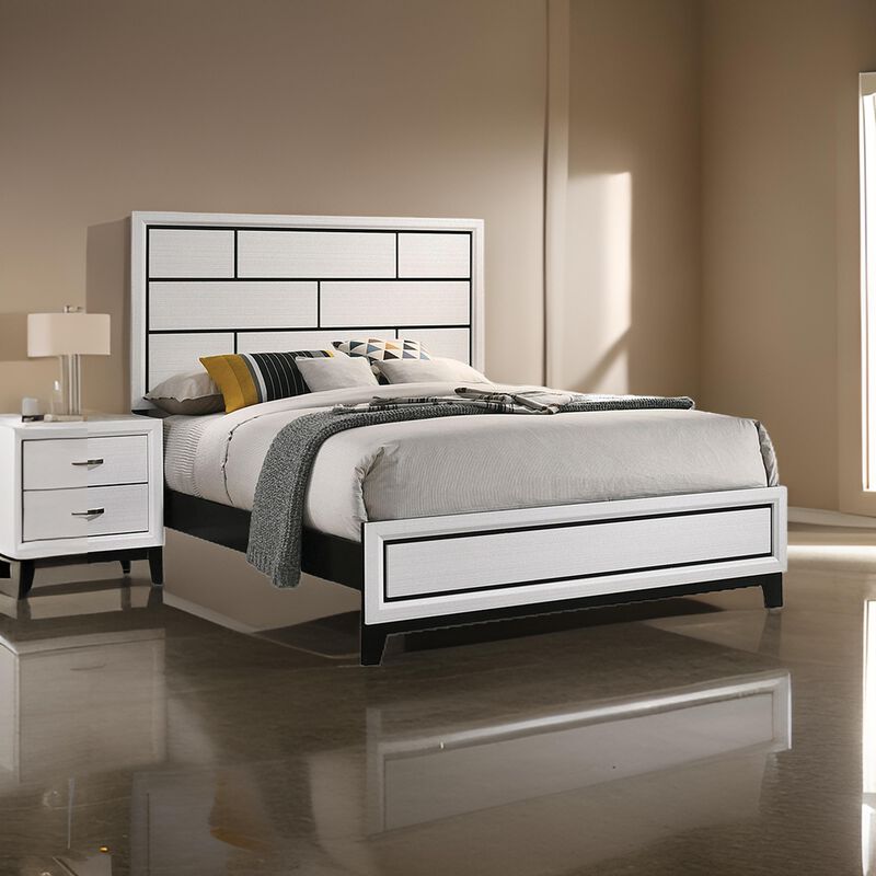 Erica Queen Size Bed, White and Black Wood Finish, Panel Style Headboard - Benzara