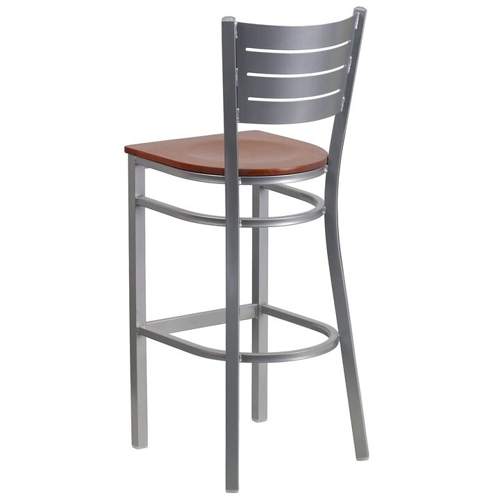 Flash Furniture HERCULES Series Silver Slat Back Metal Restaurant Barstool - Cherry Wood Seat
