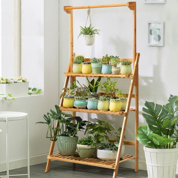 Hivvago 3 Tiers Bamboo Hanging Folding Plant Shelf Stand