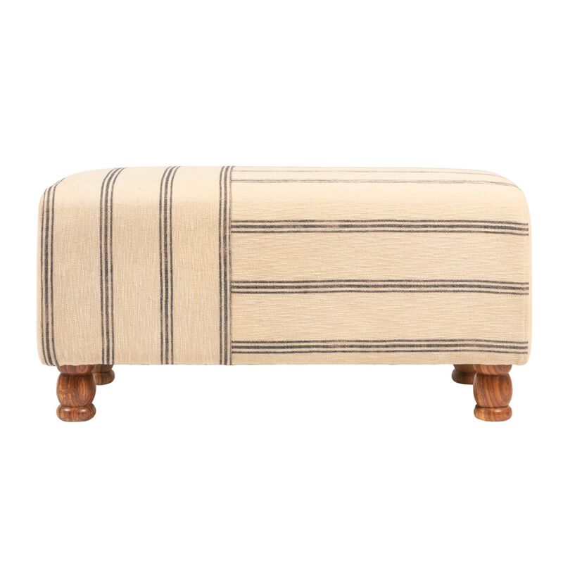 Rectangular Cotton Ticking Stripe and Acacia Wood Ottoman Bench image number 3