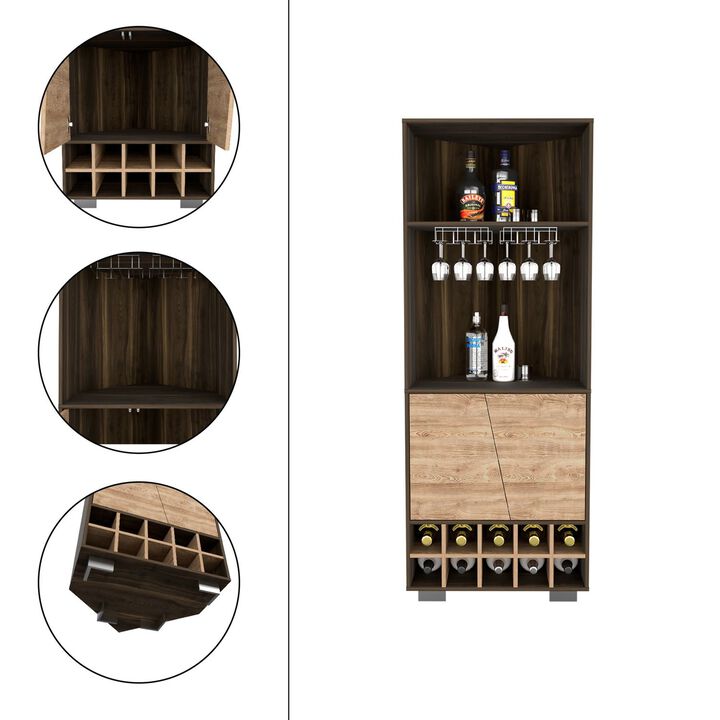 DEPOT E-SHOP Nassau Corner Bar Double Door Cabinet, Ten Built-in Wine Rack, Two Shelves, One Interior Shelf, Dark Oak / Pine