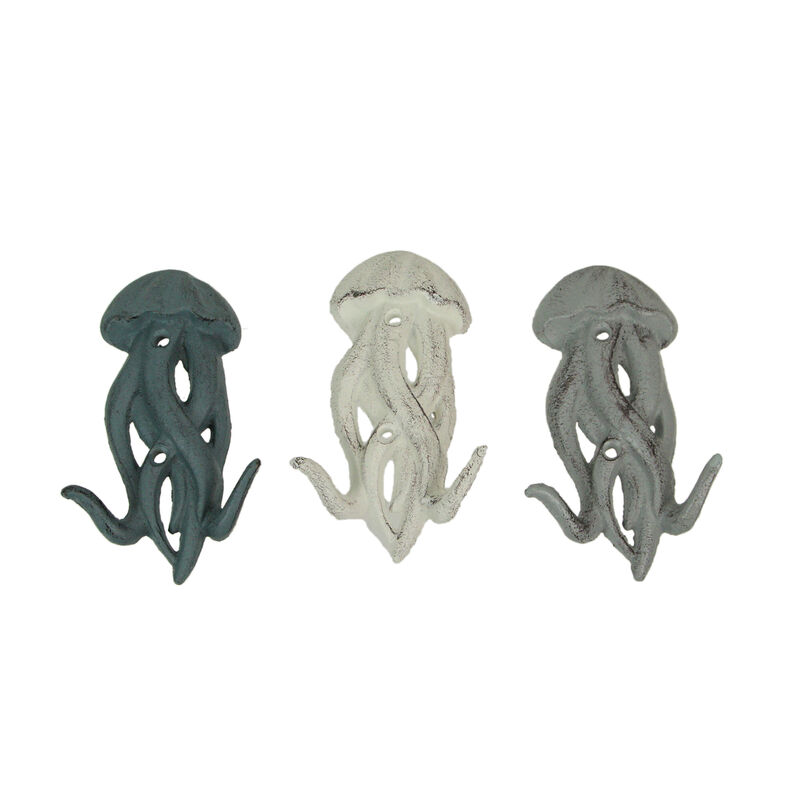 Set of 3 Cast Iron Jellyfish Wall Hooks 5 Inches High &ndash; Easy to Hang - Blue , Gray, White - Coastal Decor Perfection for Beach Towels, Keys or Coats image number 1