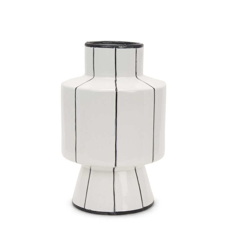 HomeRoots 16" White And Black Striped Ceramic Cylinder Table Vase image number 0