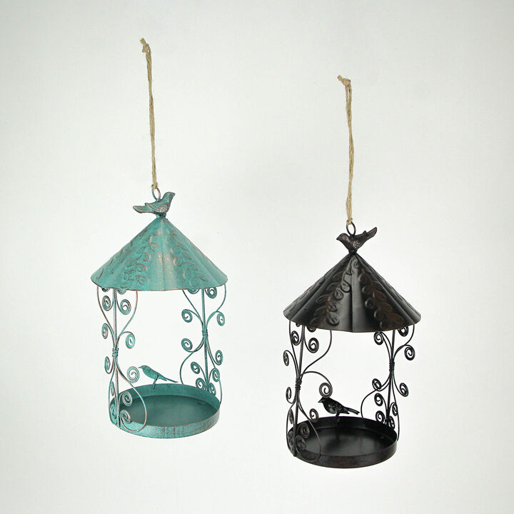 Rust Teal Metal Hanging Bird Feeder Outdoor Decorative Garden Seed Tray Set of 2
