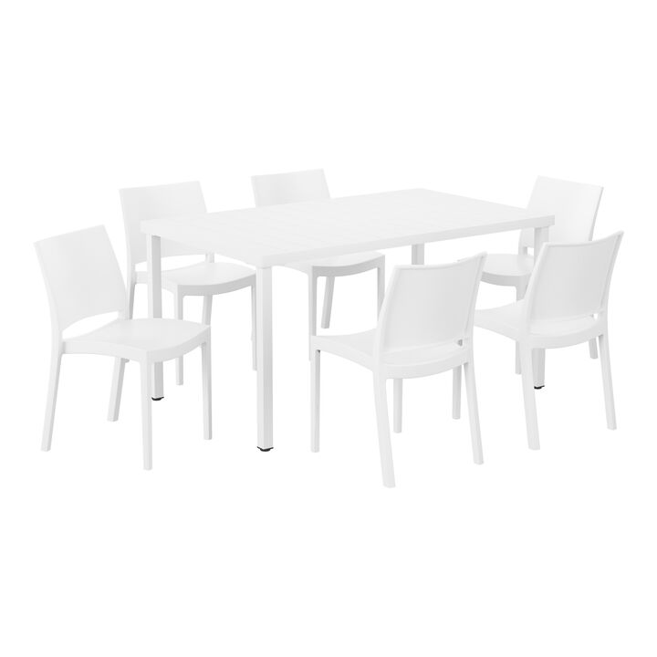 WestinTrends 7-Piece Outdoor Rectangular Metal Patio Dining Table Set With Stackable Resin Patio Side Chairs