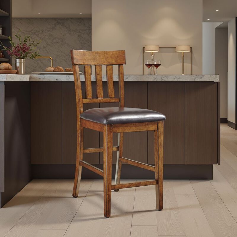 Raly Counter Height Chair Set of 2, Brown Faux Leather, Slatted Back - Benzara