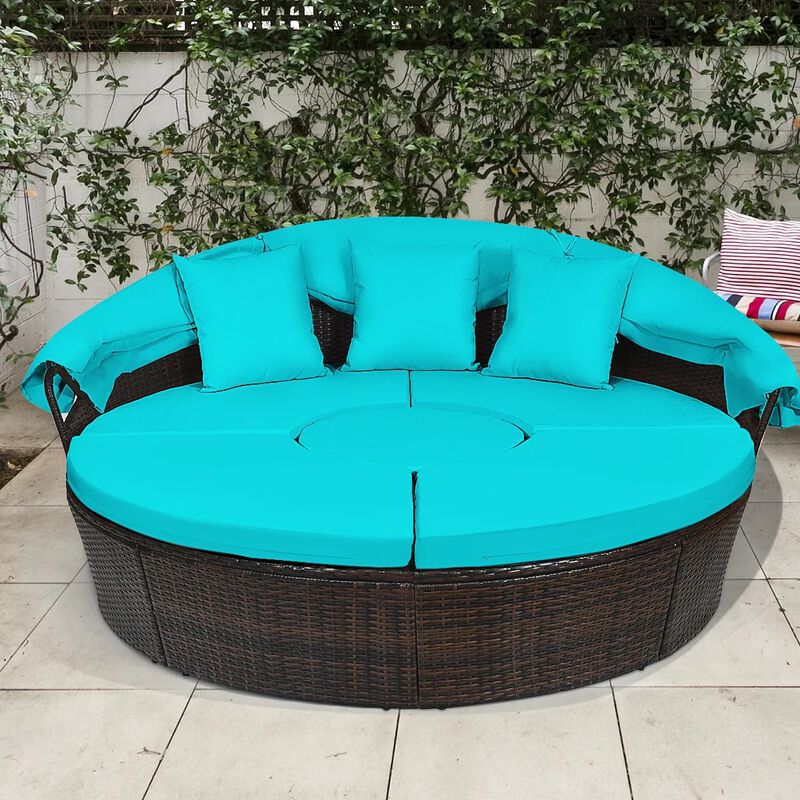 Mondawe Patio Round Rattan Daybed with Retractable Canopy and Height Adjustable Coffee Table