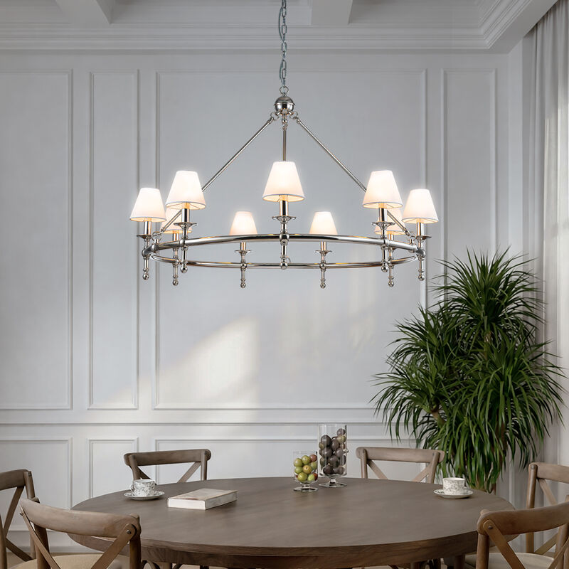 47'' 9-Light Extra Large Modern Polished Nickel Chandelier with White Fabric Shades For Dining Room or Living Room image number 2