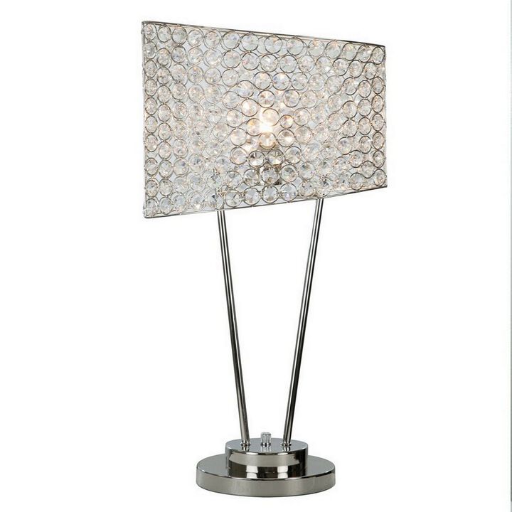 27 Inch Table Lamp, Asymmetrical Crystal Shade, Dimmer Switch, Metal Finish-Benzara