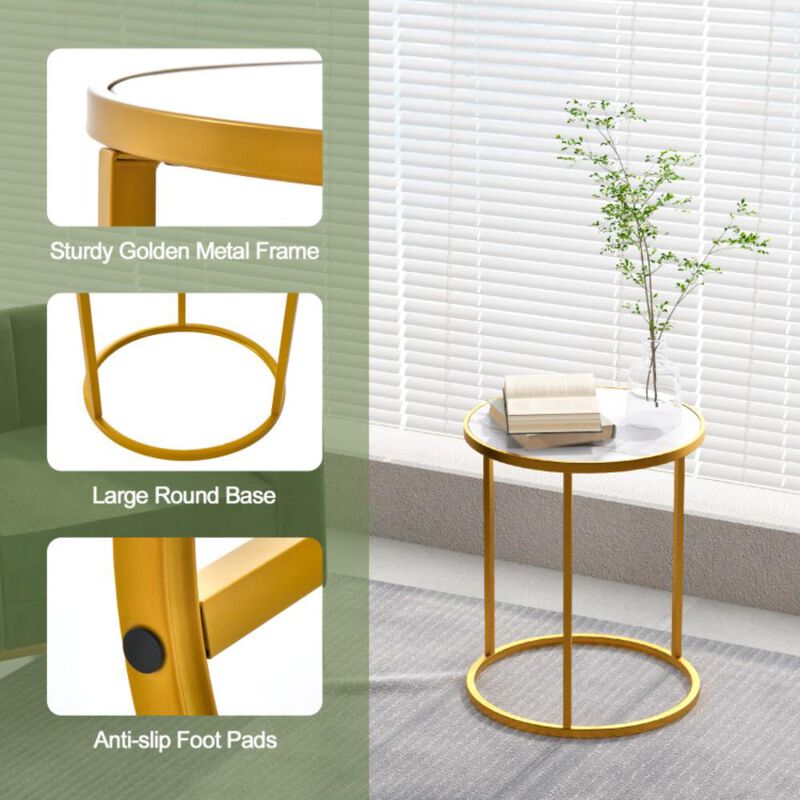 Hivvago 16 Inch Marble Top Round Side Table with Golden Metal Frame for Living Room Bedroom- 2 Pieces