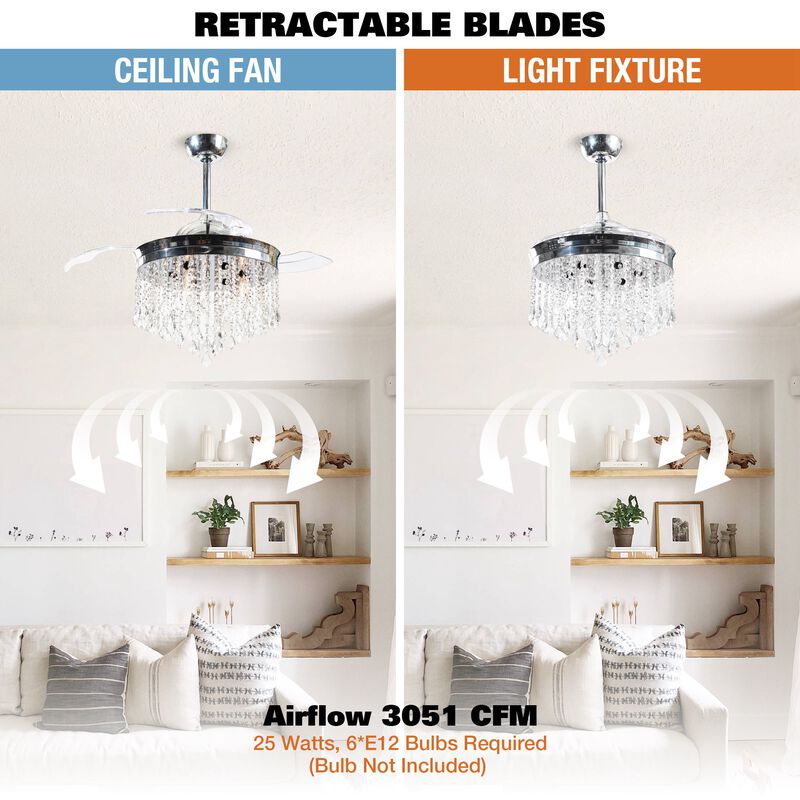 42" Modern Chrome Crystal Ceiling Fan Chandelier with Remote