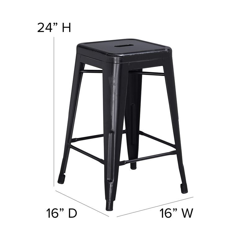 Flash Furniture Commercial Grade 24" High Backless Distressed Black Metal Indoor-Outdoor Counter Height Stool