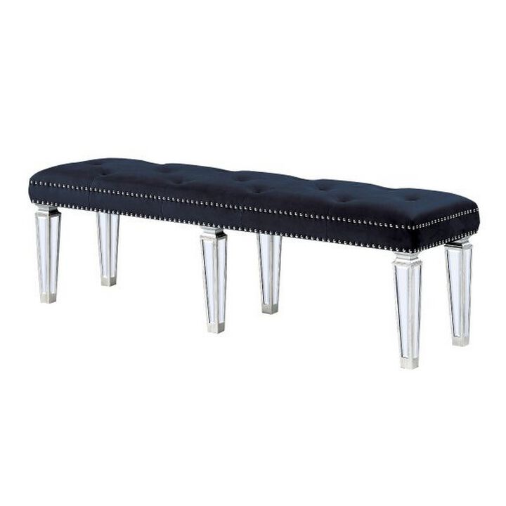 Accent Bench with Tufted Velvet Seat and Mirrored Legs, Black-Benzara
