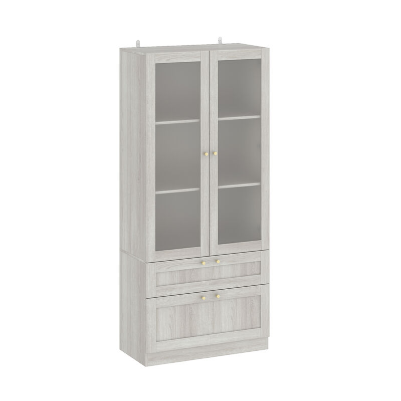 FUFU&GAGA Modern White Bookcase with Adjustable Shelves and Spacious Storage (31.5" W x 70.9" H x 15.7" D), Wood Grain Finish with Brass Pull Handles