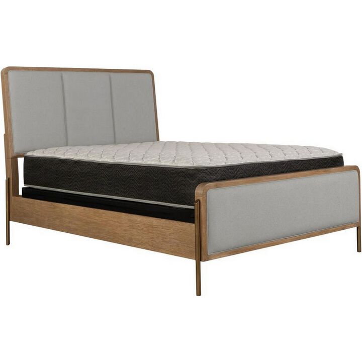 Niko Wood Queen Size Bed with Padded Upholstery, 4 Slats, Wirebrushed Gray - Benzara